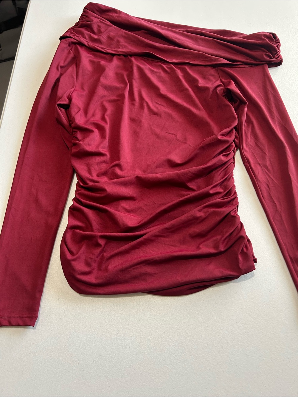 Bar III Ruched Off-Shoulder Long Sleeve Top - Burgundy